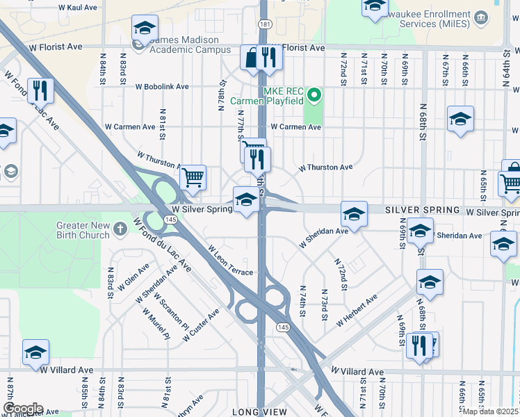 map of restaurants, bars, coffee shops, grocery stores, and more near N 76th St & W Silver Spring Dr in Milwaukee