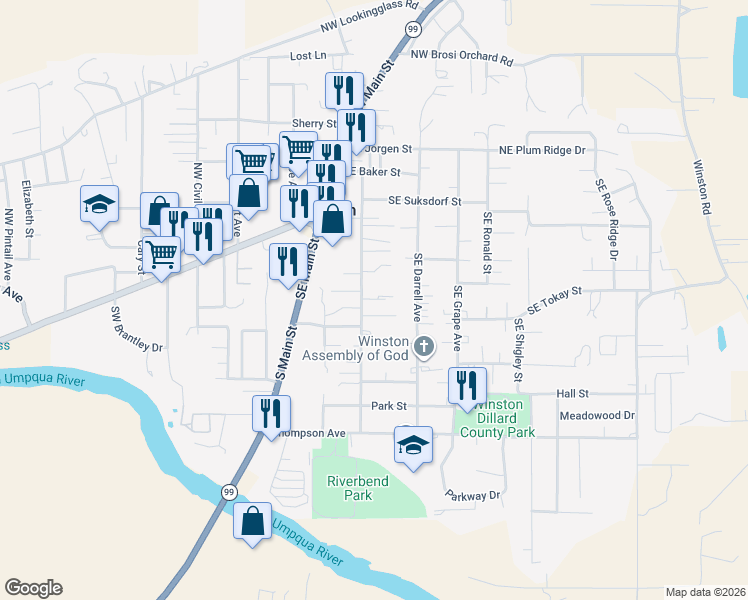 map of restaurants, bars, coffee shops, grocery stores, and more near 136 Gregory Drive in Winston