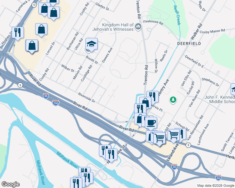 map of restaurants, bars, coffee shops, grocery stores, and more near 412 Spratt Place in Utica