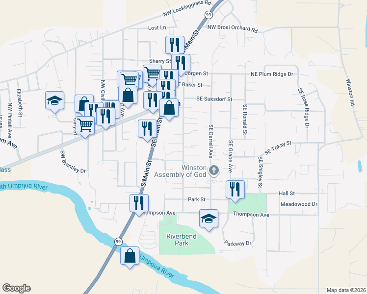 map of restaurants, bars, coffee shops, grocery stores, and more near 318 Northeast Gregory Avenue in Winston