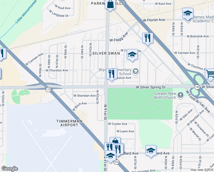 map of restaurants, bars, coffee shops, grocery stores, and more near N 91st St & W Silver Spring Dr in Milwaukee
