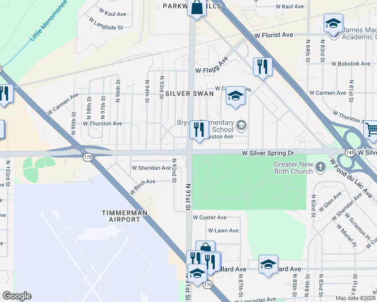 map of restaurants, bars, coffee shops, grocery stores, and more near W Silver Spring Dr & N 91st St in Milwaukee