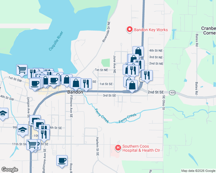 map of restaurants, bars, coffee shops, grocery stores, and more near 860 1st Street Southeast in Bandon