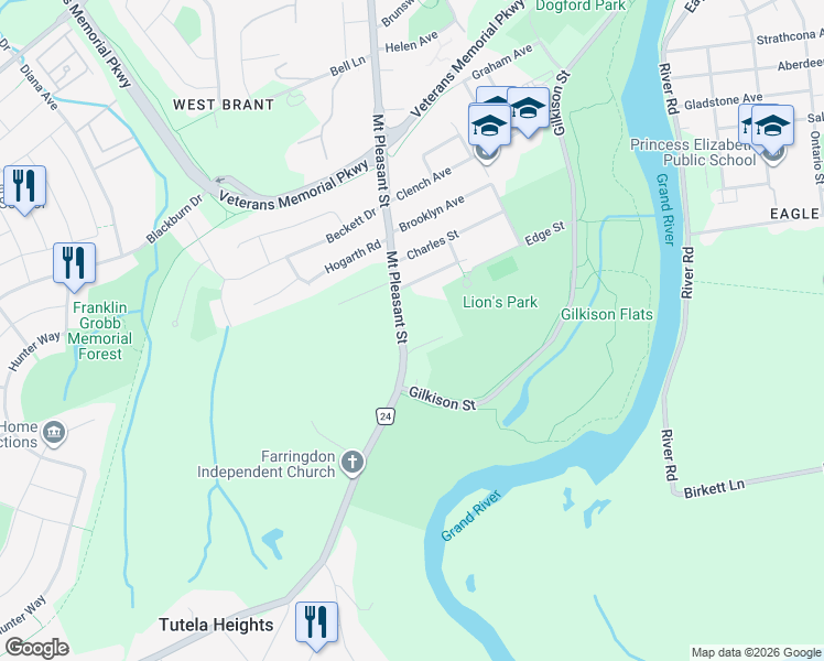 map of restaurants, bars, coffee shops, grocery stores, and more near 232 Mount Pleasant Street in Brantford