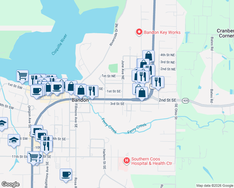 map of restaurants, bars, coffee shops, grocery stores, and more near 1st Street Southeast in Bandon