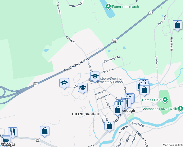 map of restaurants, bars, coffee shops, grocery stores, and more near 2 Center Road in Hillsboro