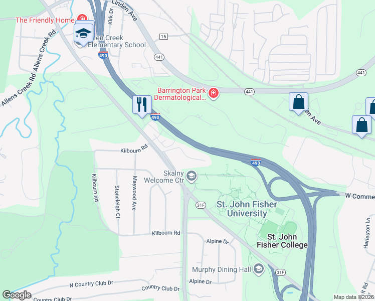 map of restaurants, bars, coffee shops, grocery stores, and more near 12 Bretton Woods Drive in Rochester