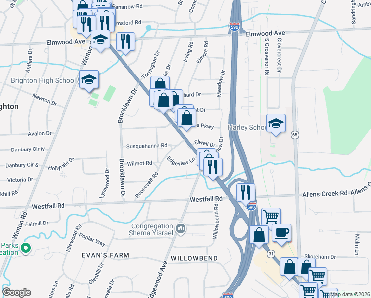 map of restaurants, bars, coffee shops, grocery stores, and more near 140 Edgeview Lane in Rochester