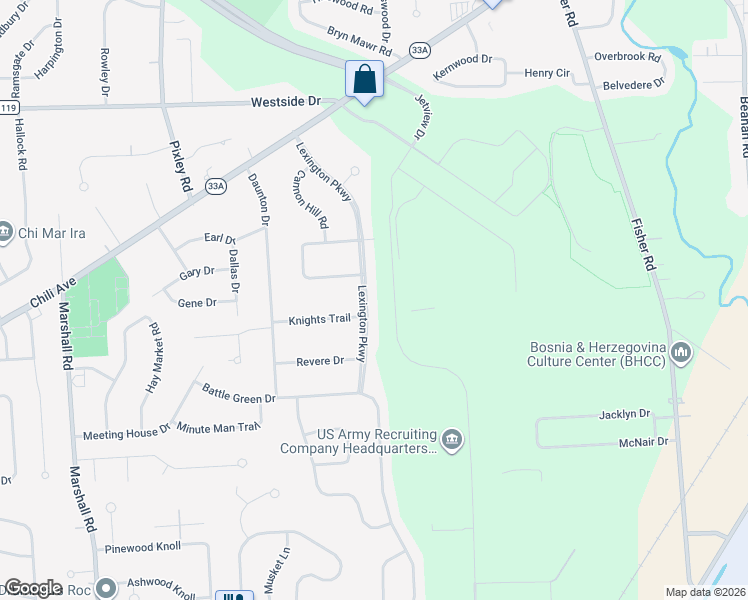 map of restaurants, bars, coffee shops, grocery stores, and more near 50 Lexington Parkway in Rochester
