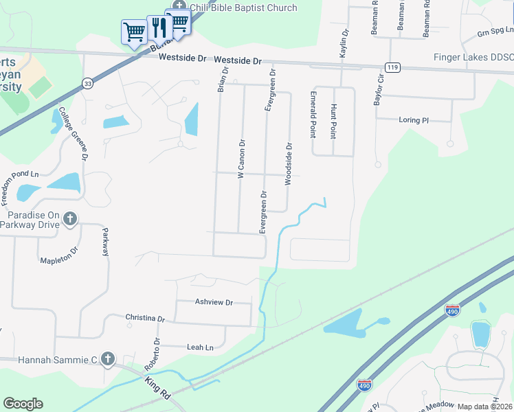 map of restaurants, bars, coffee shops, grocery stores, and more near 46 West Canon Drive in Rochester