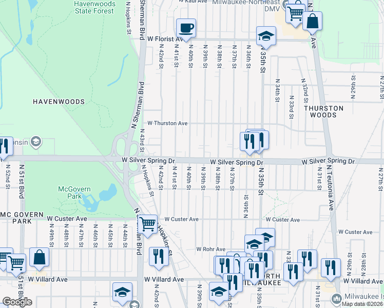 map of restaurants, bars, coffee shops, grocery stores, and more near 5571 ADJ North 39th Street in Milwaukee