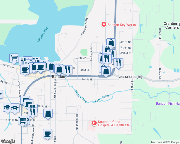 map of restaurants, bars, coffee shops, grocery stores, and more near 886 1st Street Southeast in Bandon