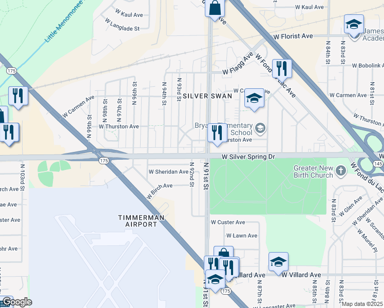 map of restaurants, bars, coffee shops, grocery stores, and more near W Silver Spring Dr & N 92nd St in Milwaukee