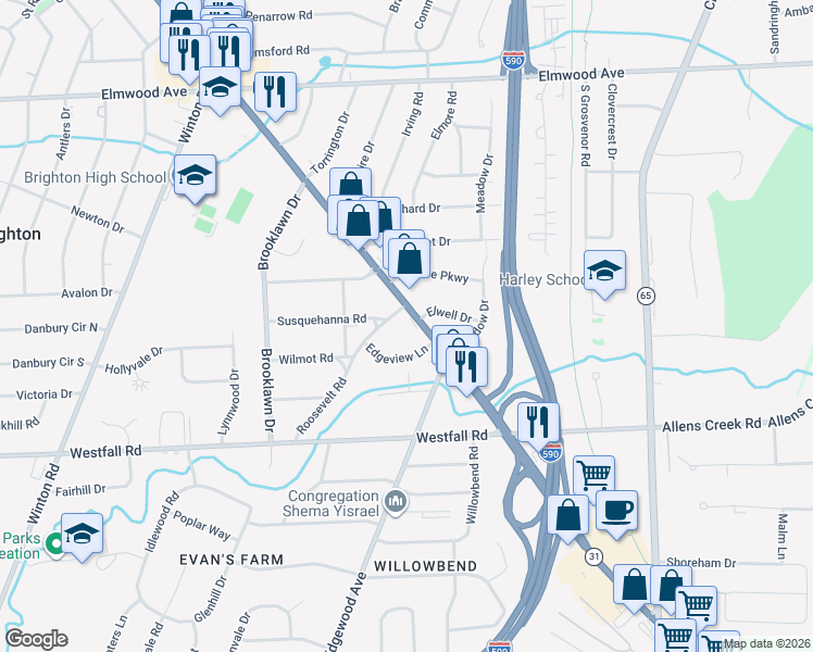 map of restaurants, bars, coffee shops, grocery stores, and more near 2341 Monroe Avenue in Rochester