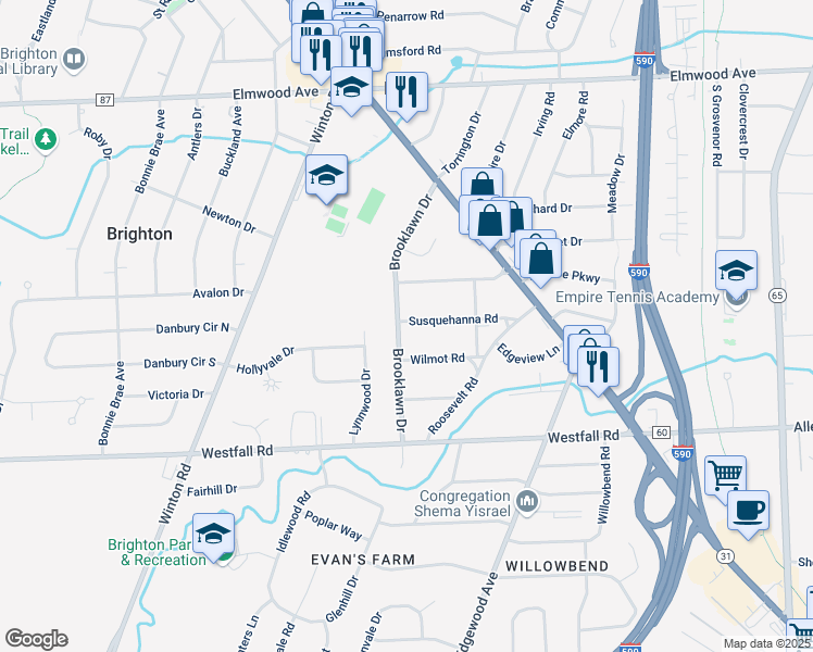 map of restaurants, bars, coffee shops, grocery stores, and more near 255 Brooklawn Drive in Rochester