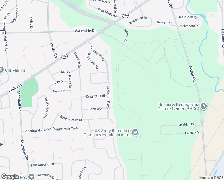map of restaurants, bars, coffee shops, grocery stores, and more near 50 Lexington Parkway in Rochester