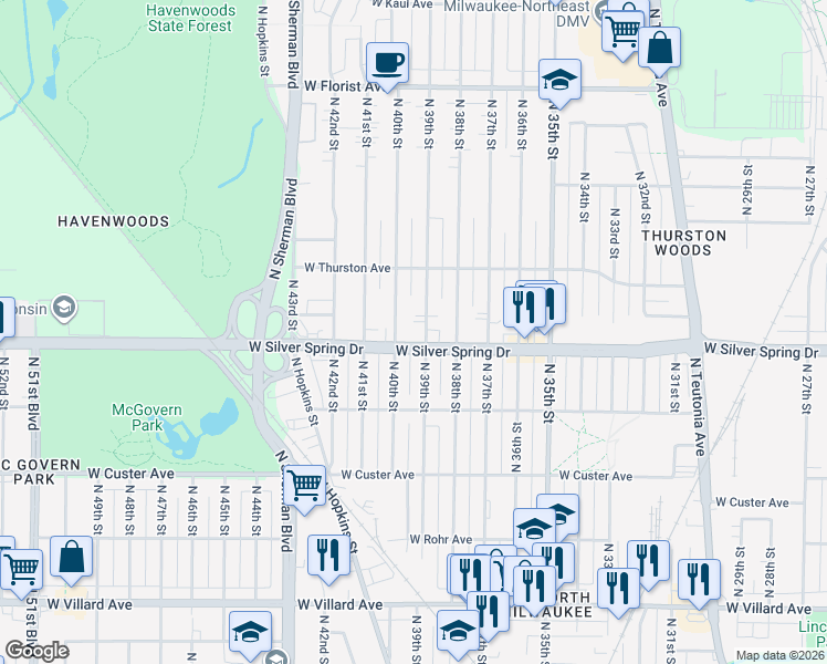 map of restaurants, bars, coffee shops, grocery stores, and more near 5571 ADJ North 39th Street in Milwaukee