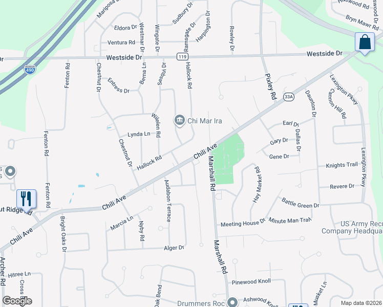 map of restaurants, bars, coffee shops, grocery stores, and more near 2801 Chili Avenue in Rochester