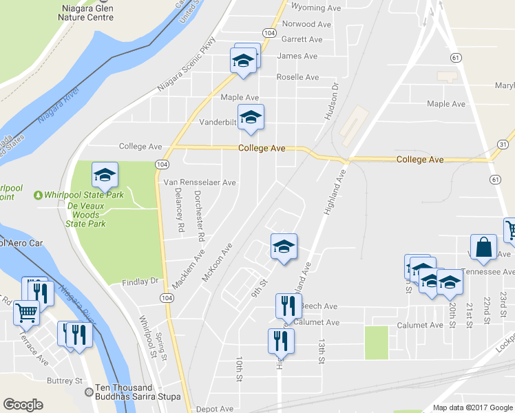 map of restaurants, bars, coffee shops, grocery stores, and more near 2829 McKoon Avenue in Niagara Falls