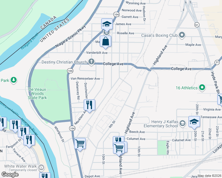 map of restaurants, bars, coffee shops, grocery stores, and more near 2926 McKoon Avenue in Niagara Falls