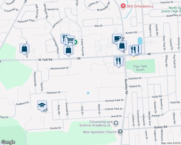map of restaurants, bars, coffee shops, grocery stores, and more near 7251 Janus Park Drive in Liverpool