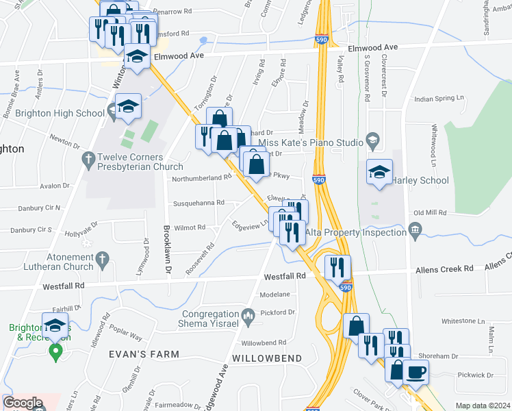 map of restaurants, bars, coffee shops, grocery stores, and more near 140 Edgeview Lane in Rochester
