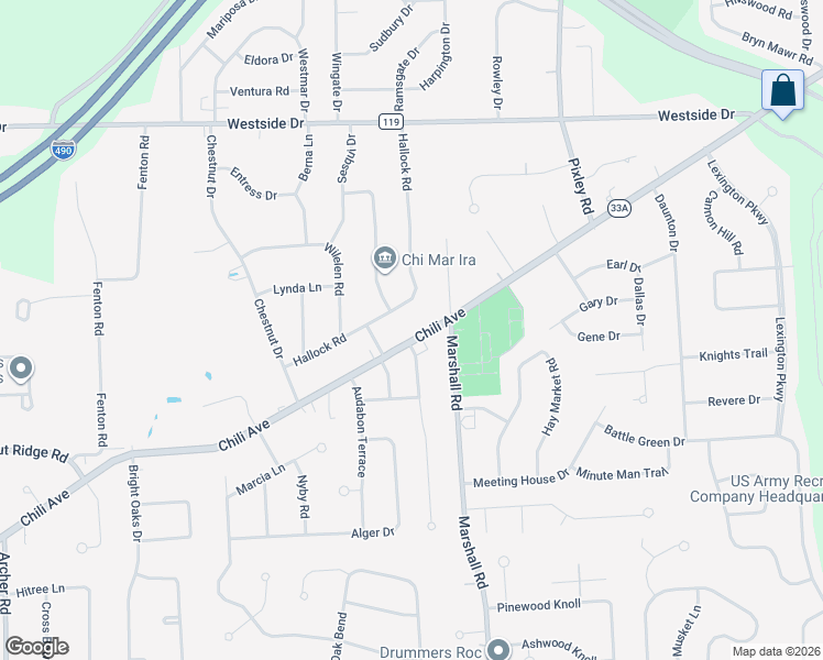 map of restaurants, bars, coffee shops, grocery stores, and more near 2801 Chili Avenue in Rochester