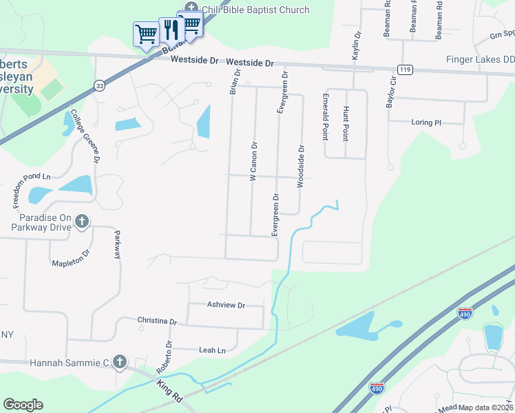 map of restaurants, bars, coffee shops, grocery stores, and more near 46 West Canon Drive in Rochester