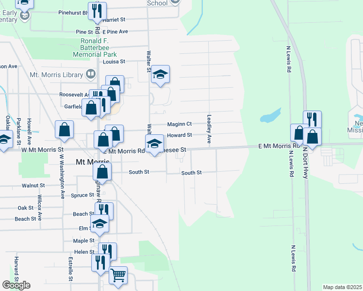 map of restaurants, bars, coffee shops, grocery stores, and more near 7507 Braymont Street in Mount Morris