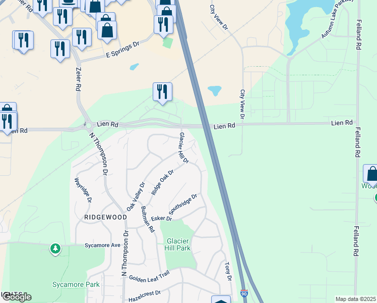 map of restaurants, bars, coffee shops, grocery stores, and more near 1338 Glacier Hill Drive in Madison
