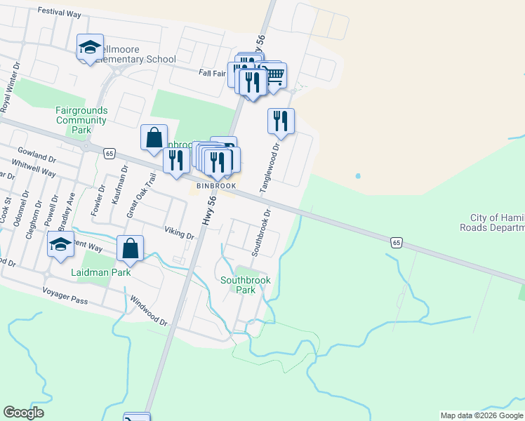 map of restaurants, bars, coffee shops, grocery stores, and more near 2600 Hamilton 65 in Hamilton