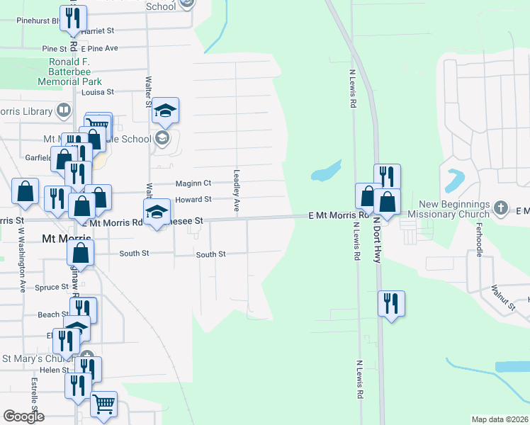 map of restaurants, bars, coffee shops, grocery stores, and more near 1307 East Mount Morris Road in Mount Morris