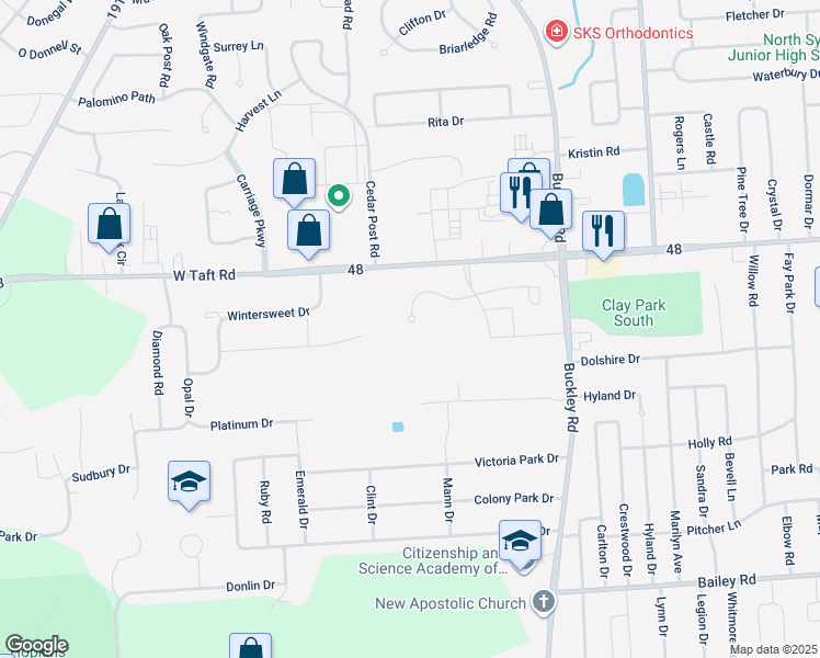 map of restaurants, bars, coffee shops, grocery stores, and more near 7221-7299 Janus Park Drive in Liverpool