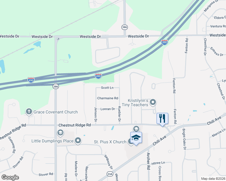 map of restaurants, bars, coffee shops, grocery stores, and more near 24 Scott Lane in Rochester