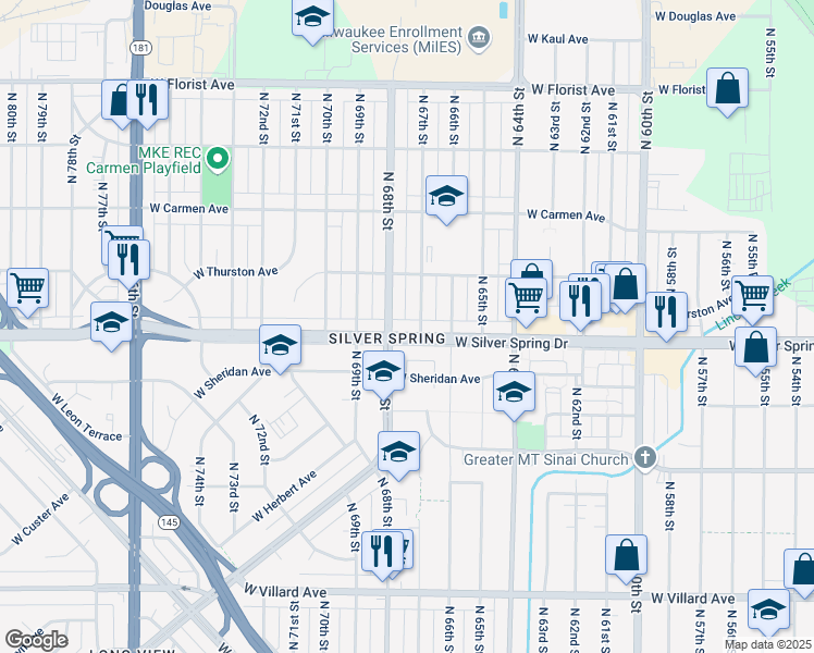 map of restaurants, bars, coffee shops, grocery stores, and more near 5636 North 68th Street in Milwaukee