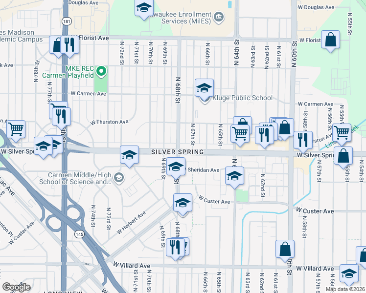 map of restaurants, bars, coffee shops, grocery stores, and more near 5636 North 68th Street in Milwaukee