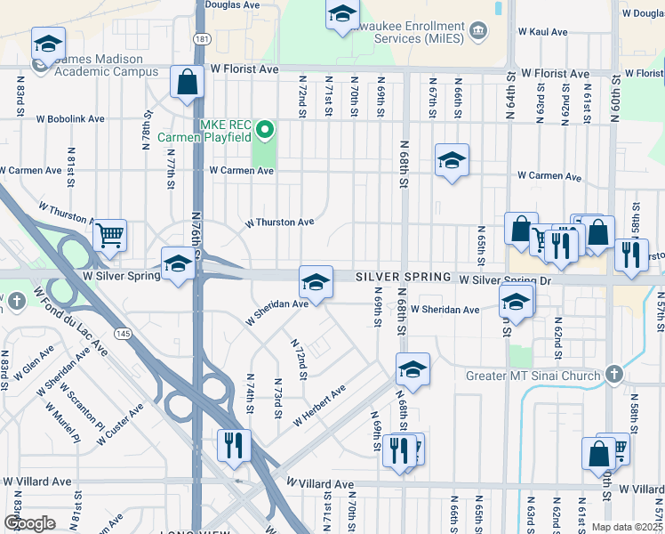 map of restaurants, bars, coffee shops, grocery stores, and more near 5635 North 70th Street in Milwaukee