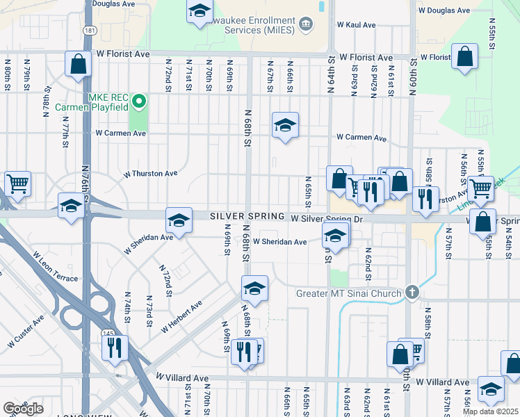 map of restaurants, bars, coffee shops, grocery stores, and more near 5636 North 68th Street in Milwaukee