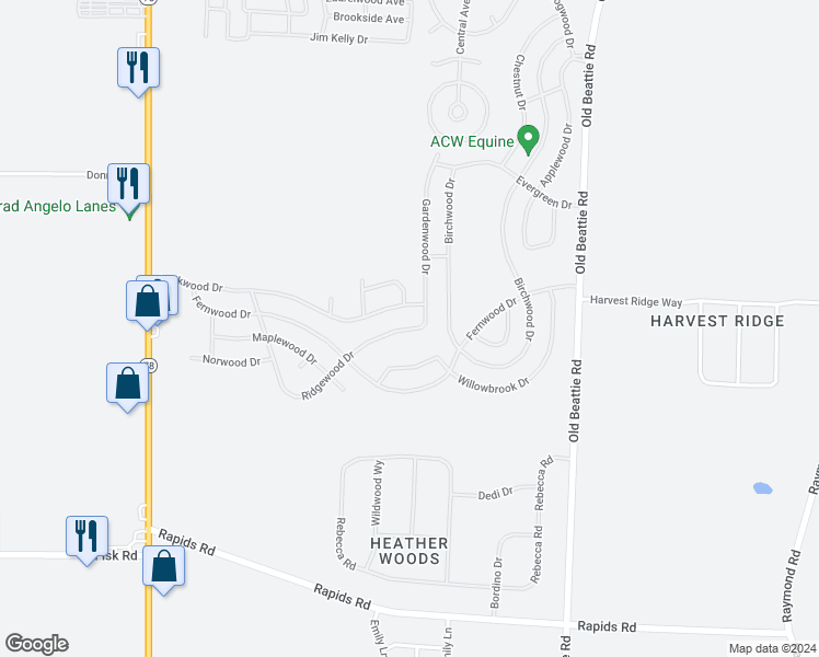 map of restaurants, bars, coffee shops, grocery stores, and more near 1262 Ridgewood Drive in Lockport