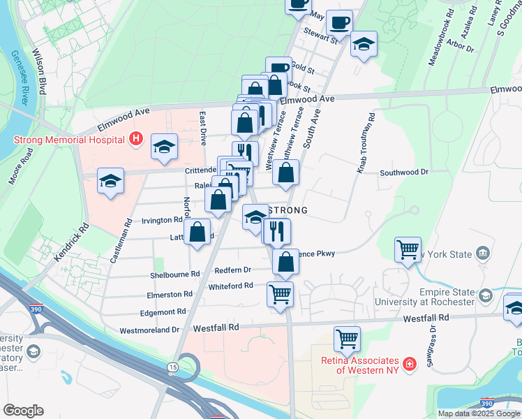 map of restaurants, bars, coffee shops, grocery stores, and more near 88 East Henrietta Road in Rochester