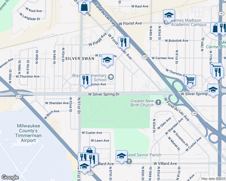 map of restaurants, bars, coffee shops, grocery stores, and more near 8700 West Silver Spring Drive in Milwaukee