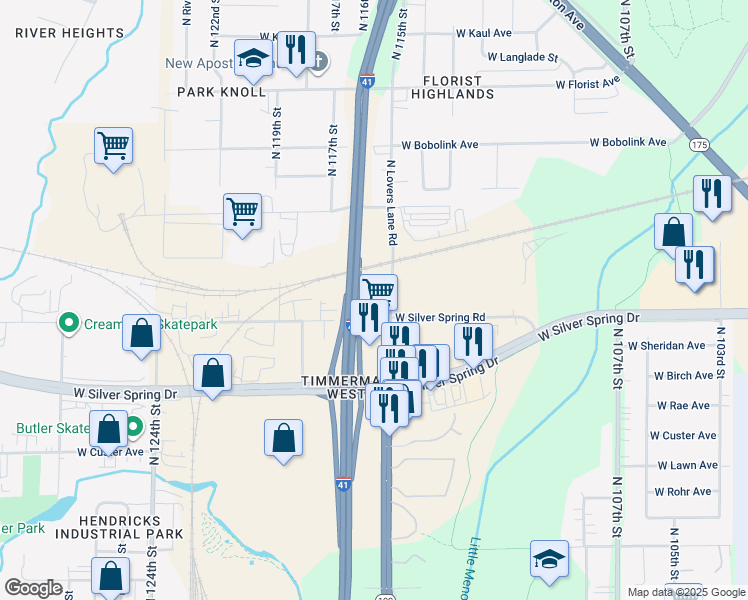 map of restaurants, bars, coffee shops, grocery stores, and more near 5601 North Lovers Lane Road in Milwaukee