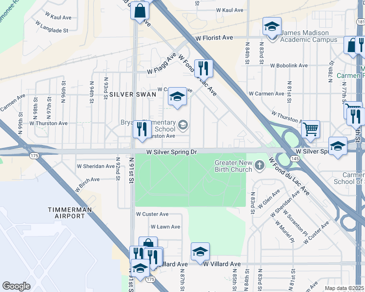 map of restaurants, bars, coffee shops, grocery stores, and more near 8714 West Silver Spring Drive in Milwaukee