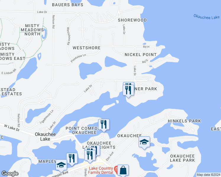 map of restaurants, bars, coffee shops, grocery stores, and more near N55W34815 Lake Drive in Oconomowoc