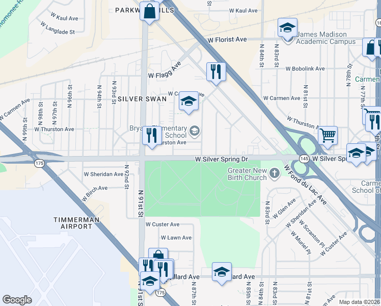 map of restaurants, bars, coffee shops, grocery stores, and more near 8726 West Silver Spring Drive in Milwaukee
