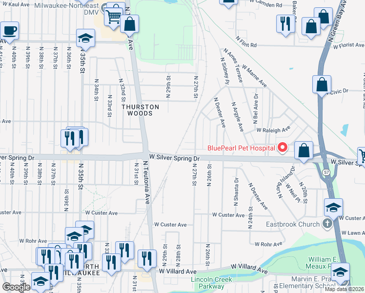 map of restaurants, bars, coffee shops, grocery stores, and more near 2826 ADJ West Silver Spring Drive in Milwaukee
