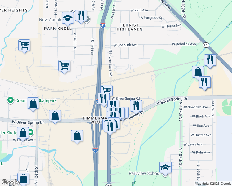 map of restaurants, bars, coffee shops, grocery stores, and more near 11400 West Silver Spring Road in Milwaukee