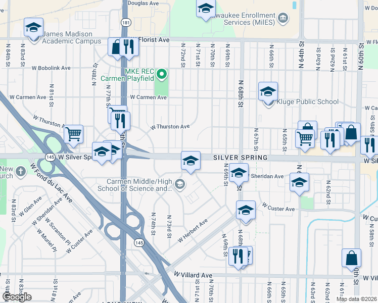 map of restaurants, bars, coffee shops, grocery stores, and more near 7124 West Silver Spring Drive in Milwaukee