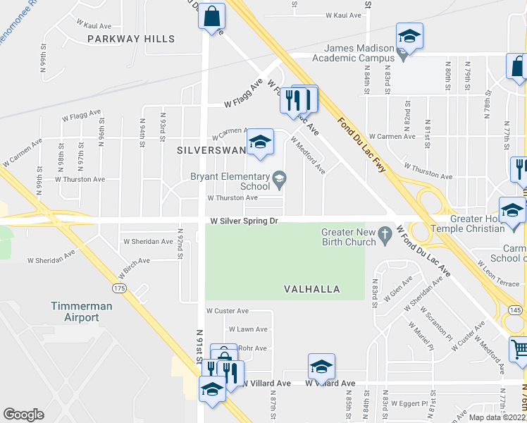 map of restaurants, bars, coffee shops, grocery stores, and more near 8800 West Silver Spring Drive in Milwaukee