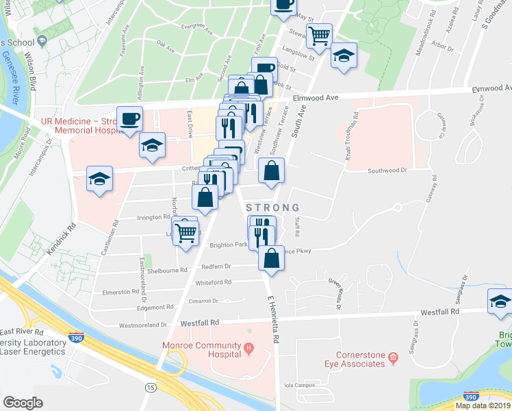 map of restaurants, bars, coffee shops, grocery stores, and more near 30 Warren Street in Rochester